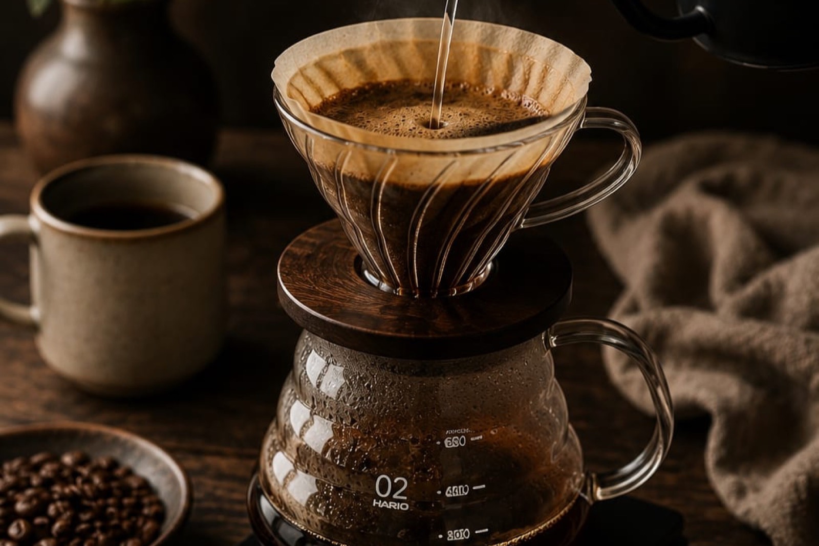 Chicchi di caffè e caffè macinato sparsi sul tavolo di legno
