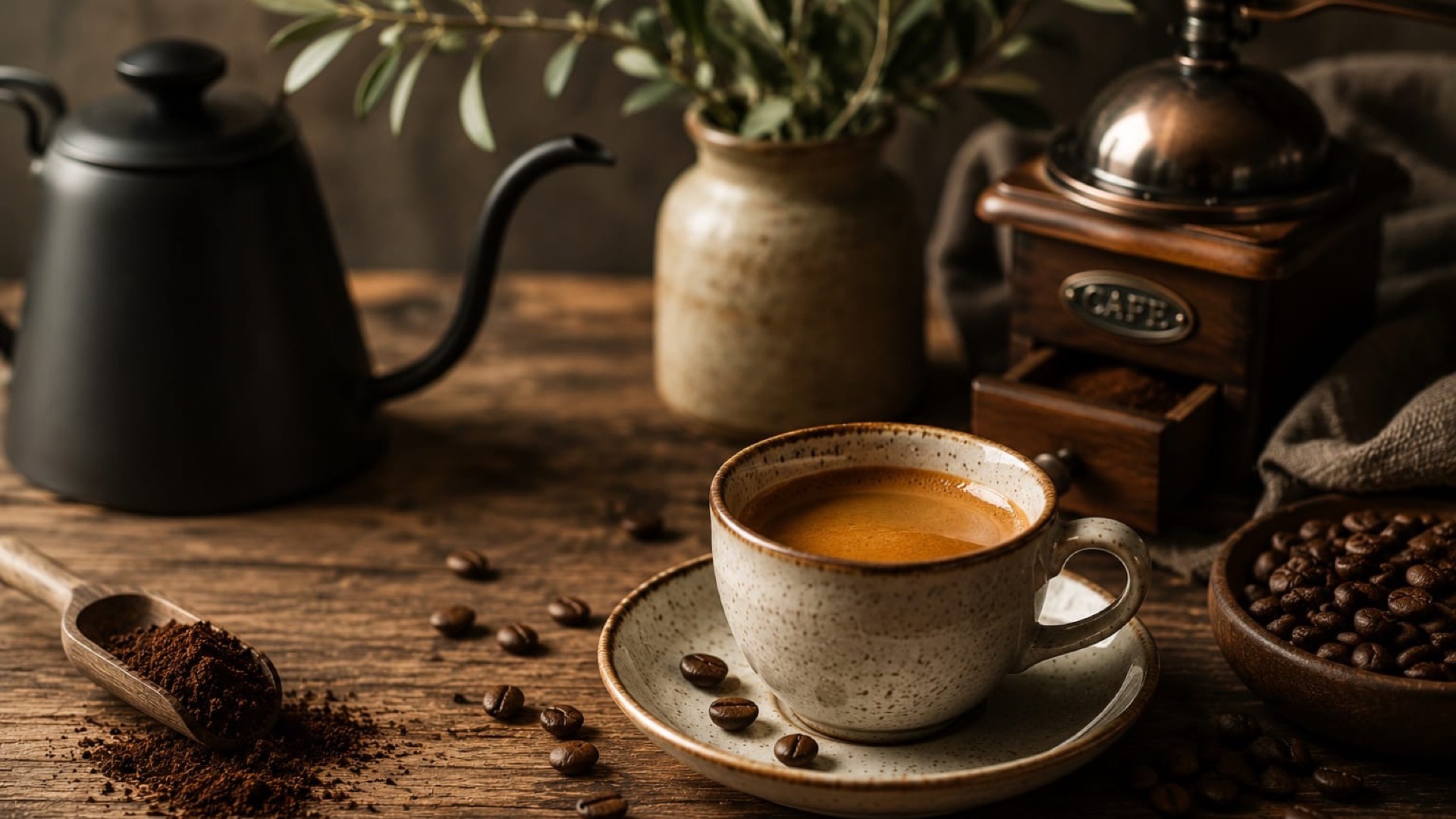 Caffè fumante appena versato, tra bricco a becco d’oca, macinino d’epoca e chicchi