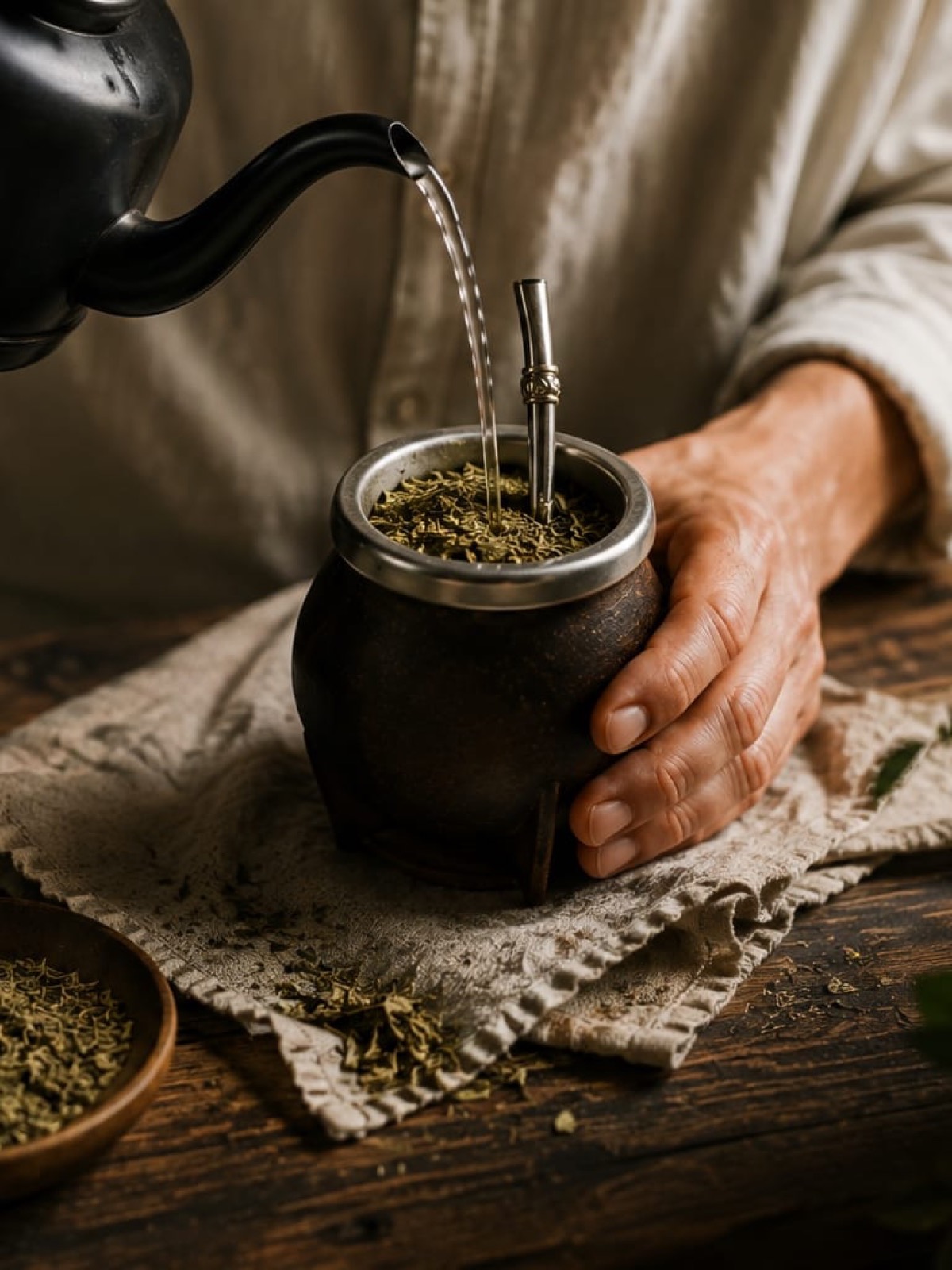 Acqua calda versata nel mate con yerba, thermos e barattolo di yerba mate sullo sfondo