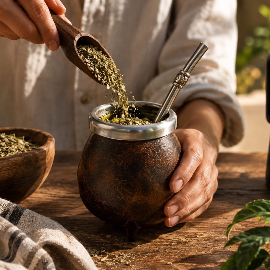 Yerba versata con una paletta di legno nel mate, ciotola di yerba a lato