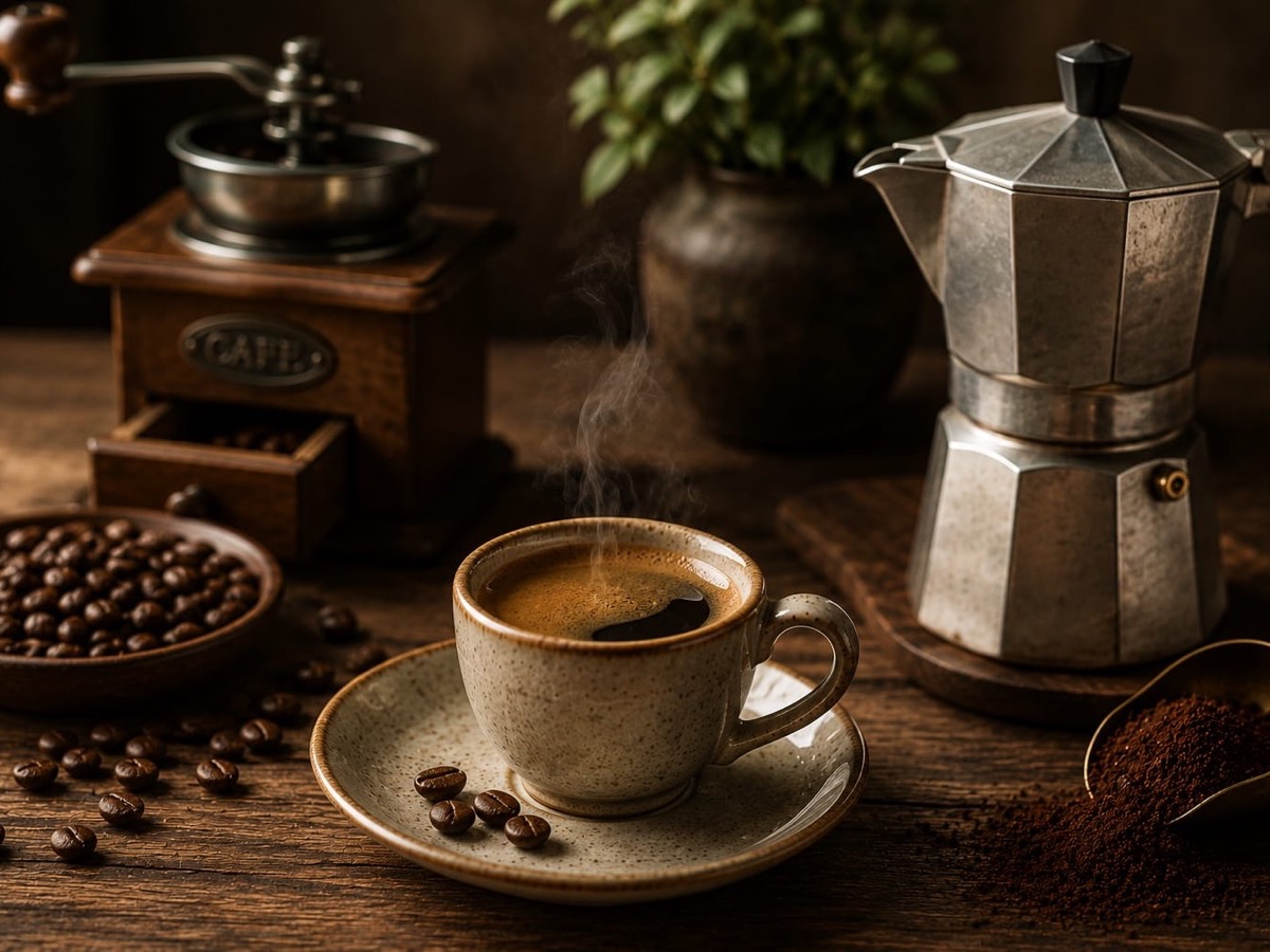 Tazzina di caffè fumante con la moka e il macinino d’epoca sullo sfondo