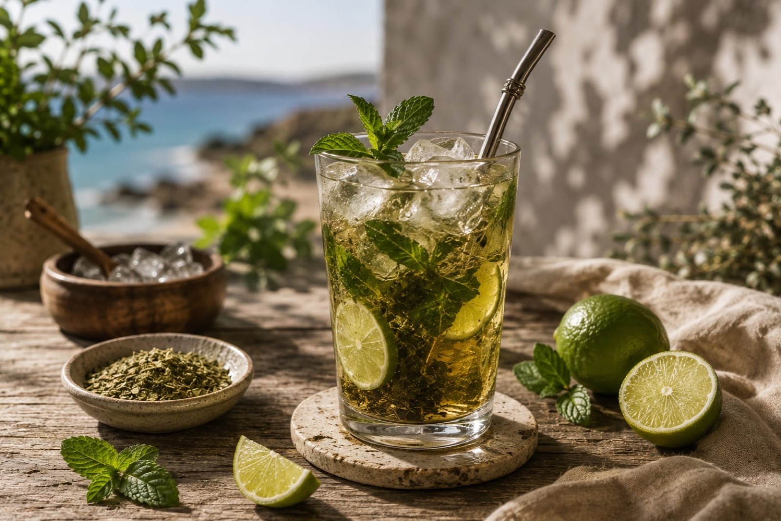 Tereré ghiacciato in un bicchiere con menta e lime, mare sullo sfondo